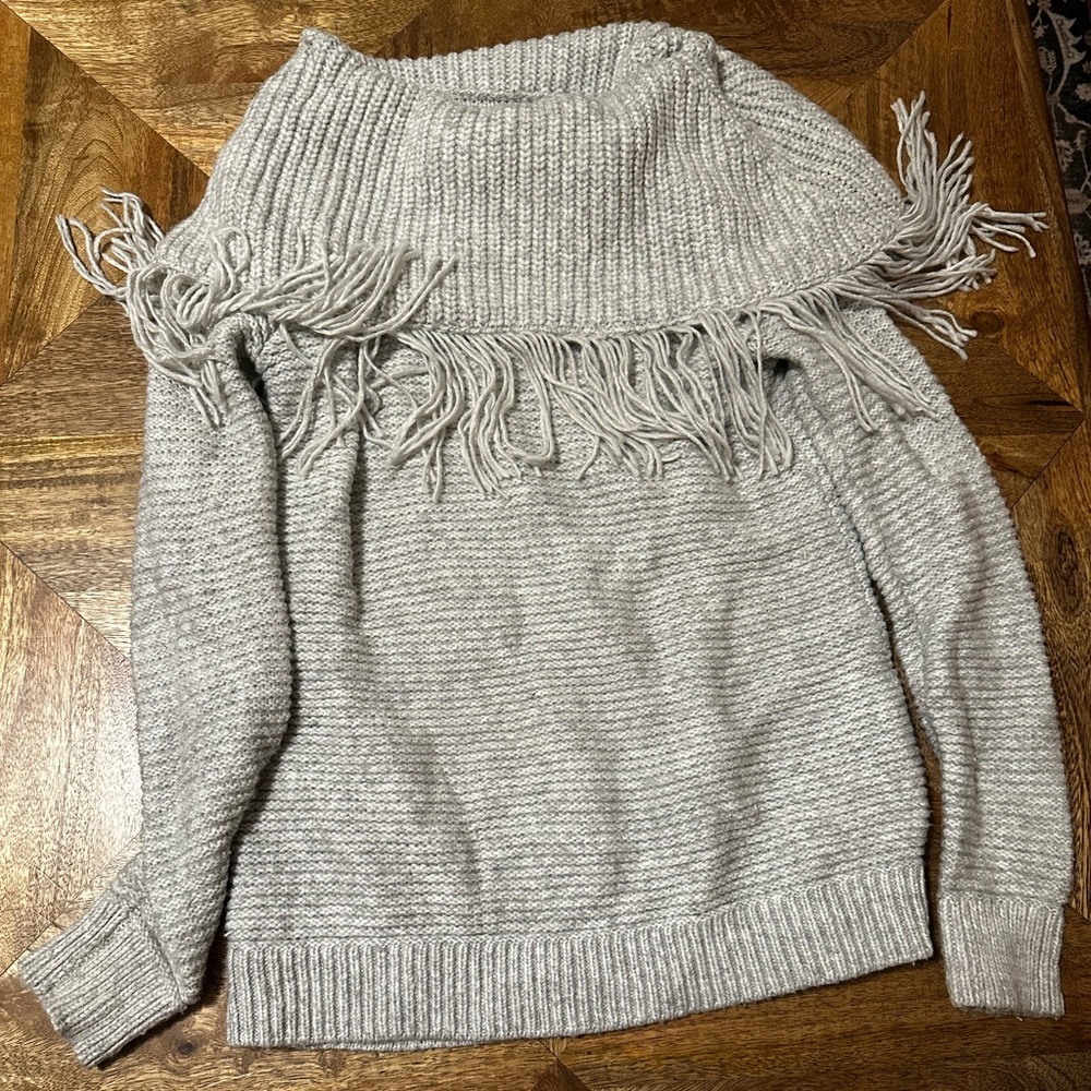 Maurices Gray Cowl Neck Sweater with Fringe Detail